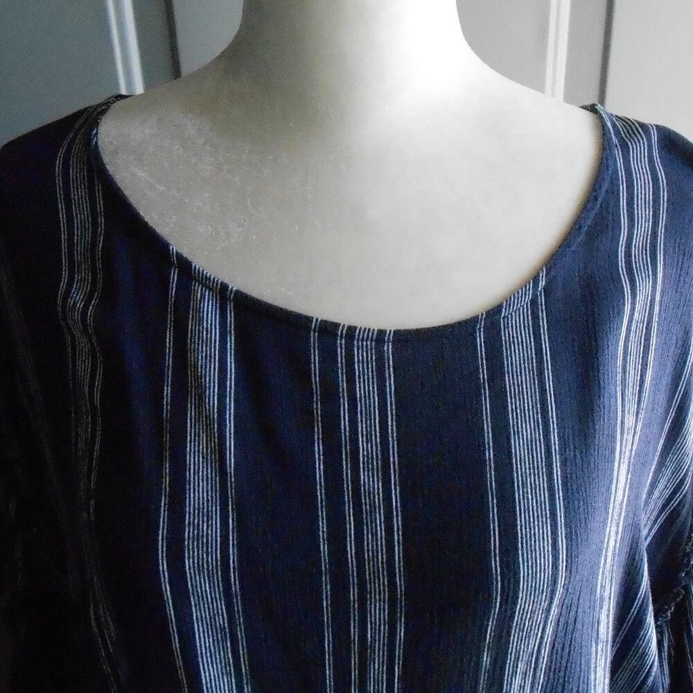 Falls Creek Women's Navy & White Striped 3/4 Ruffled Sleeve Blouse-Size 2X